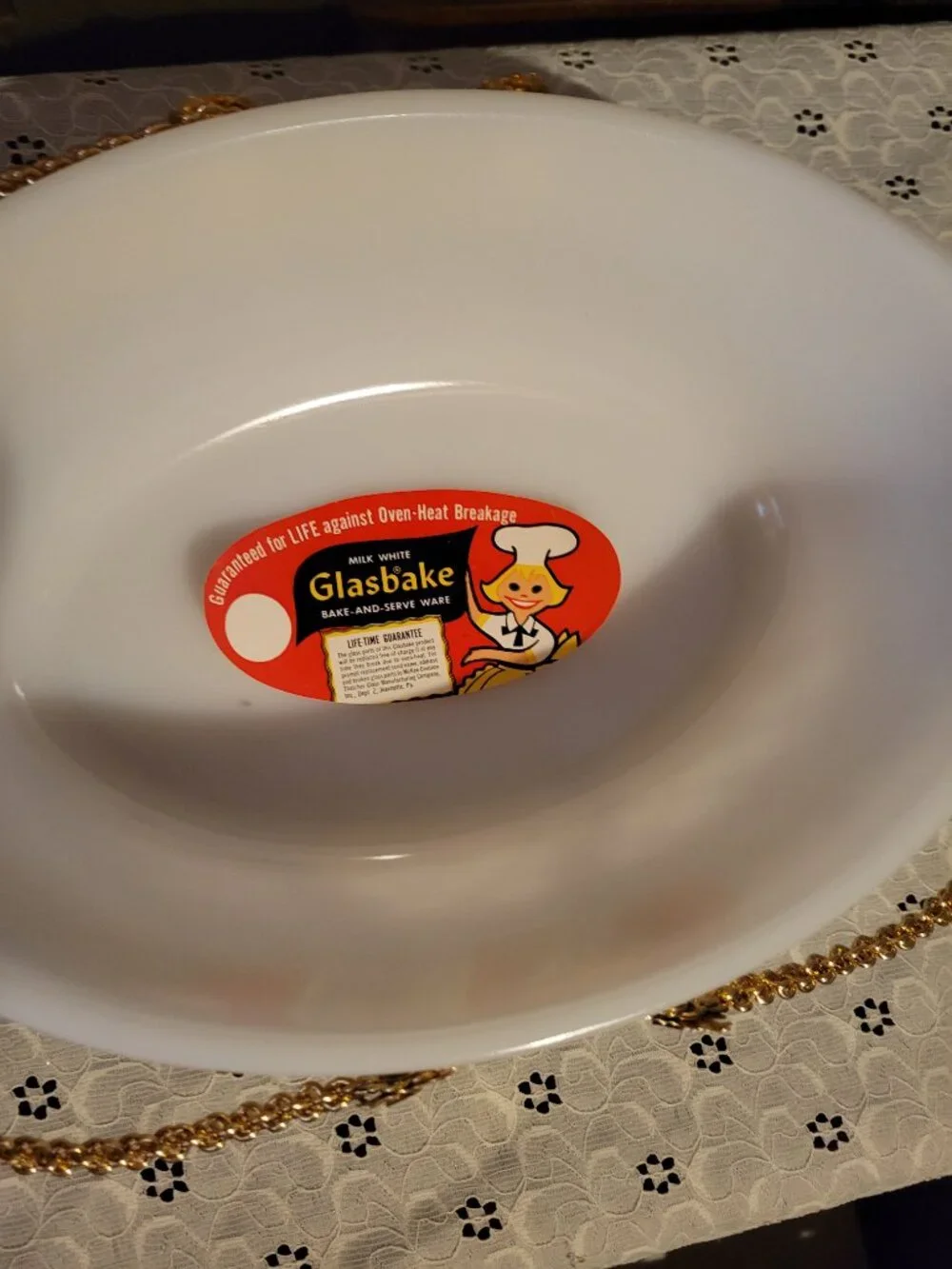 Vintage 1950s Glasbake Oval Casserole NOS with Original Sticker, Basket, Lid